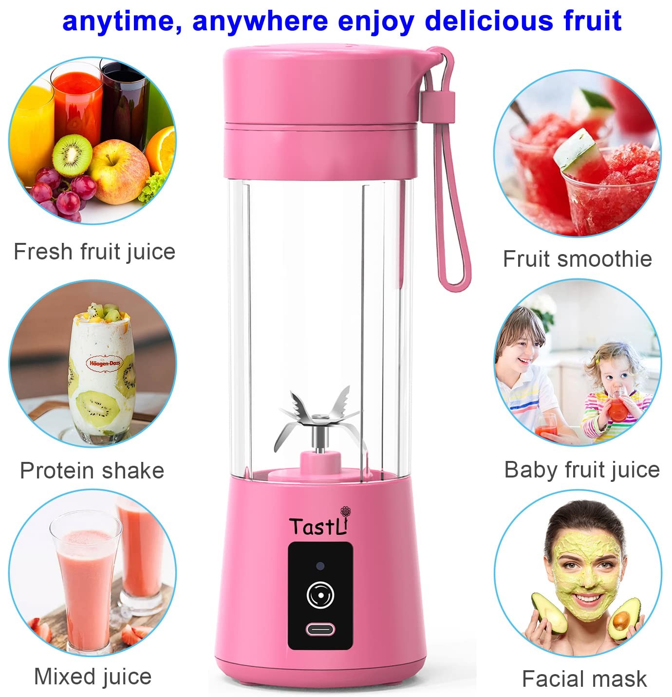 Portable Blender, Personal Mini Bottle Travel Electric Smoothie Blender Maker Fruit Juicer Cup, with 13oz Bottles Pink